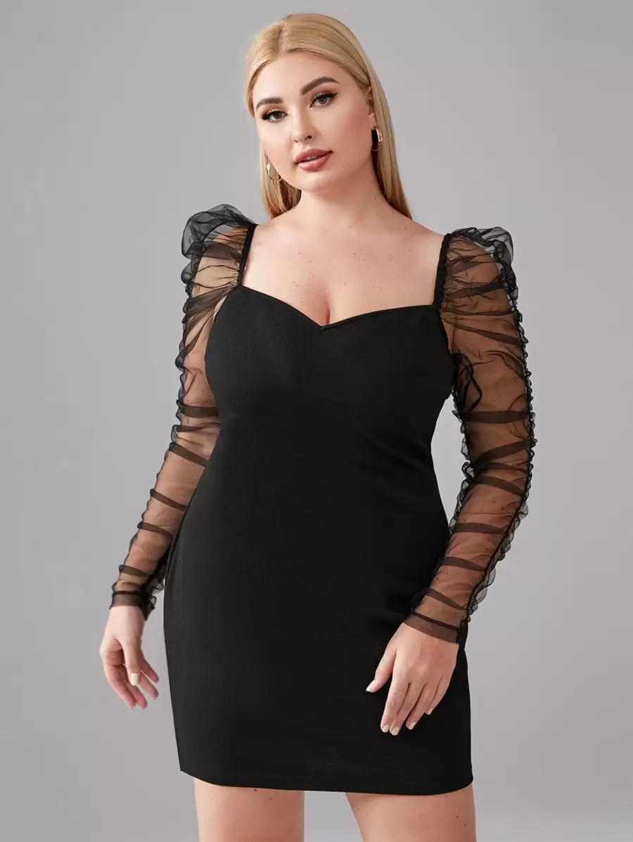 SHEIN Belle Plus Sheer Mesh Ruched Gigot Sleeve Bodycon Dress - Black - View 1
