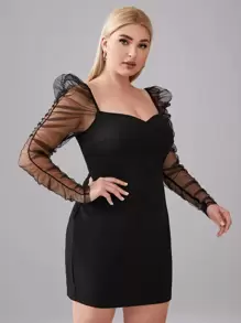 SHEIN Belle Plus Sheer Mesh Ruched Gigot Sleeve Bodycon Dress - Black - View 5