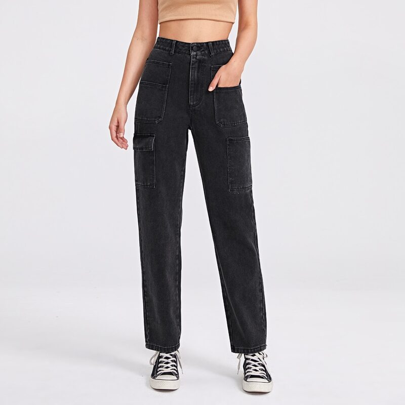 

Solid Flap Pocket Jeans, Black