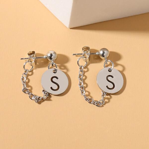 

Letter Design Round Charm Earrings, Silver