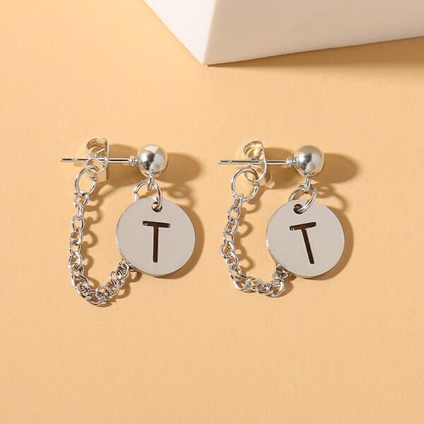 

Letter Design Round Charm Earrings, Silver