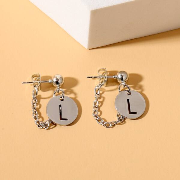 

Letter Design Round Charm Earrings, Silver