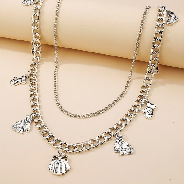 

Christmas Santa Claus Charm Layered Necklace, Silver