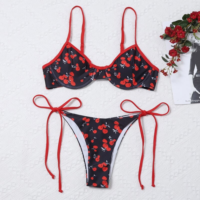 

Cherry Print Underwire Tie Side Bikini Swimsuit, Multicolor