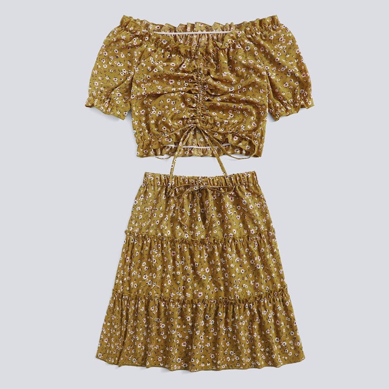 

Ditsy Flower Drawstring Crop Blouse & Layered Skirt, Mustard yellow