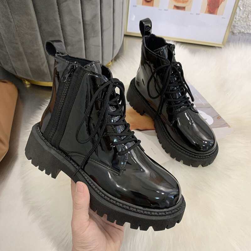 

Side Zip Lace-up Combat Boots, Black