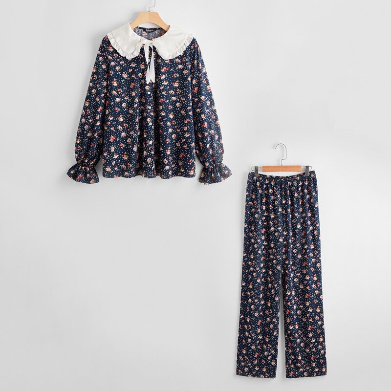 

Peter Pan Collar Ruffle Cuff Floral Top & Pants PJ Set, Multicolor