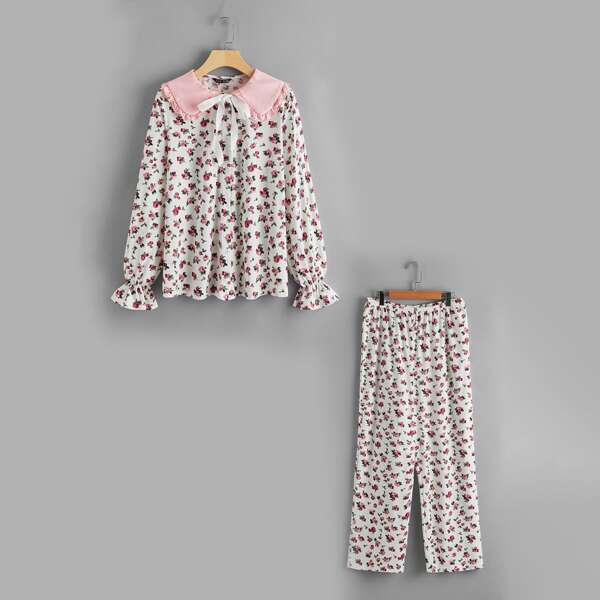 

Peter Pan Collar Ruffle Cuff Floral Top & Pants PJ Set, Multicolor