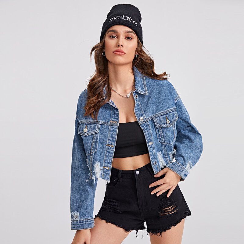 

Ripped Raw Hem Crop Denim Jacket, Medium wash