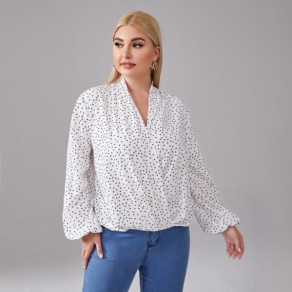 

Plus Surplice Neck Lantern Sleeve Polka Dot Top, White