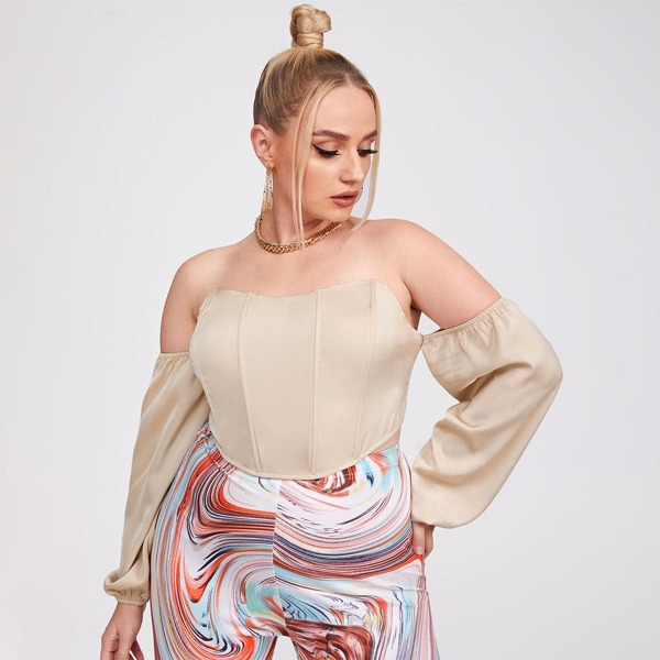 

Plus Off Shoulder Crop Bustier Top, Beige