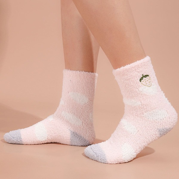 

Strawberry Embroidered Crew Socks, Pink
