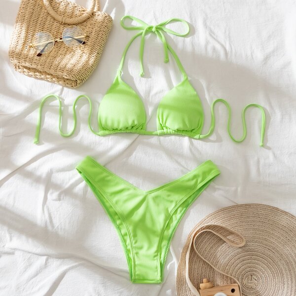 

Rib Halter Bikini Swimsuit, Lime green