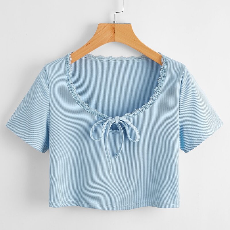 

Lace Trim Tie Neck Crop Tee, Baby blue