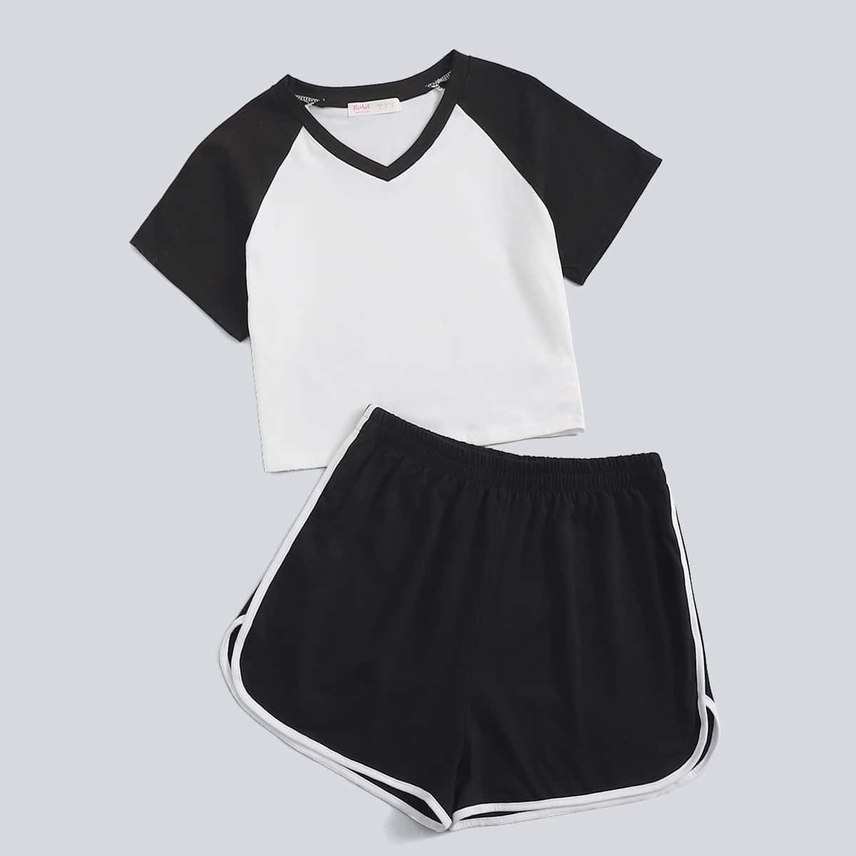 

Baseball Tee & Track Shorts, Black and white