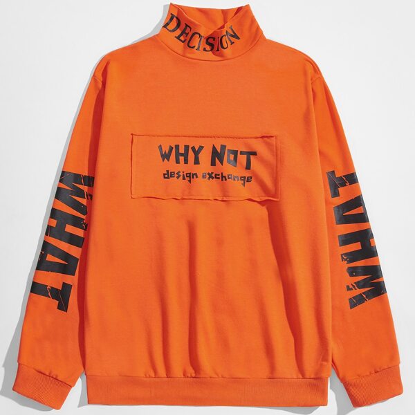 

Men High Neck Letter Graphic Pullover, Orange bright