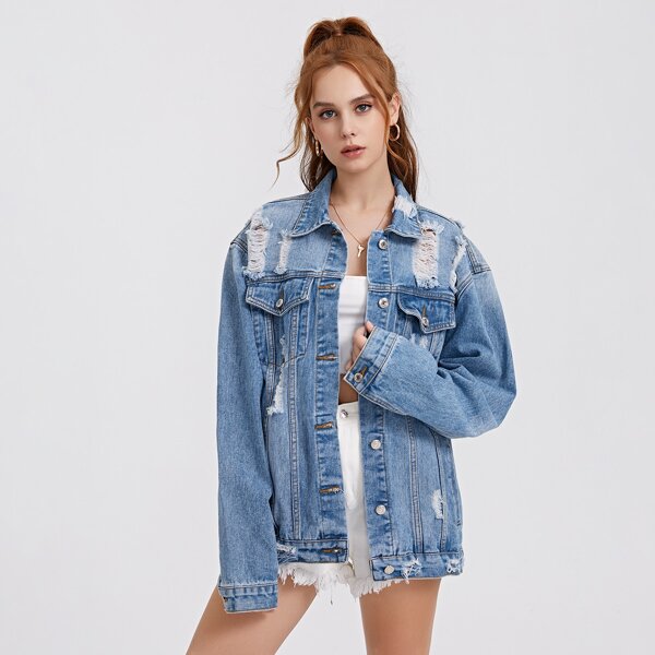 

Ripped Button Up Denim Jacket, Medium wash