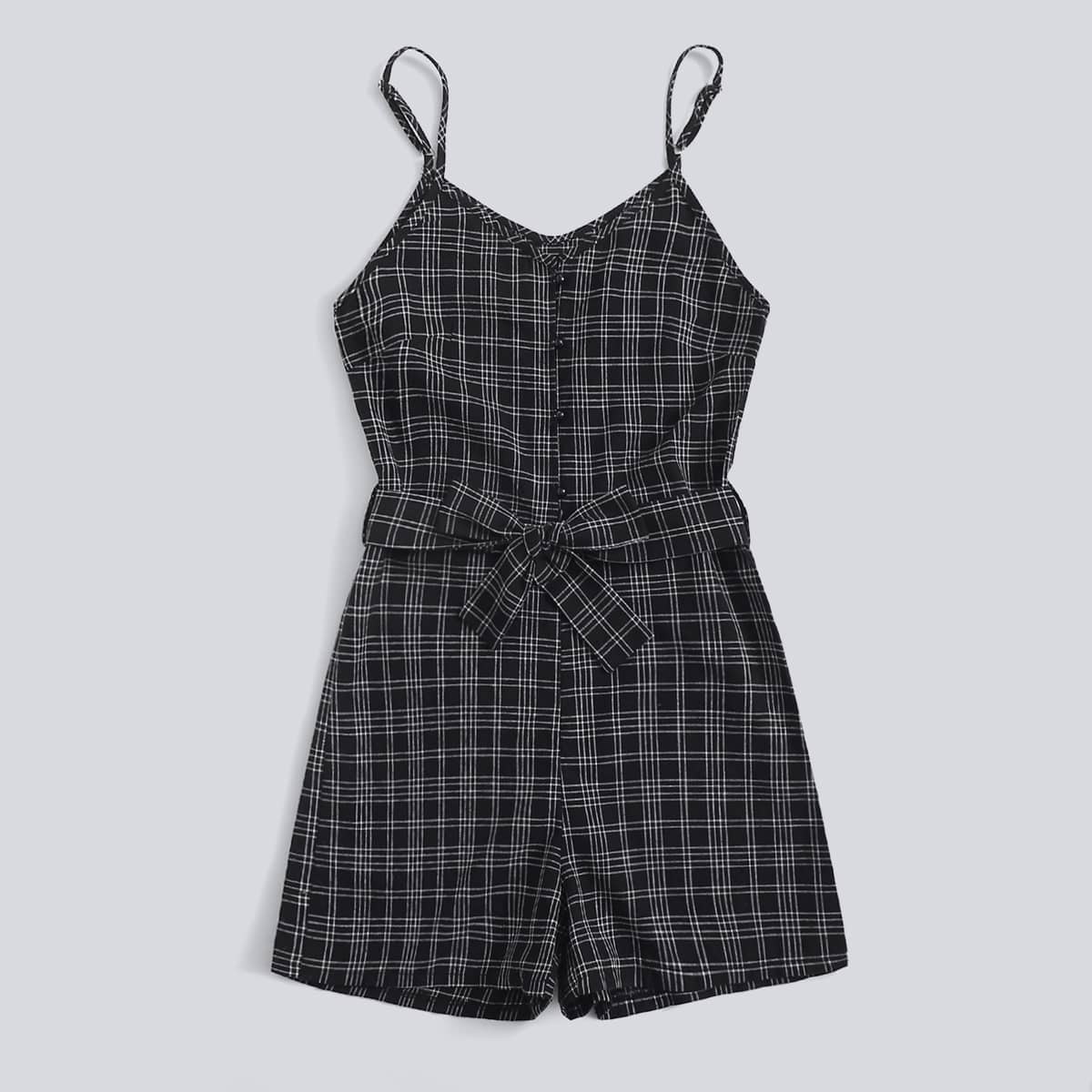 

Plaid Belted Cami Romper, Black