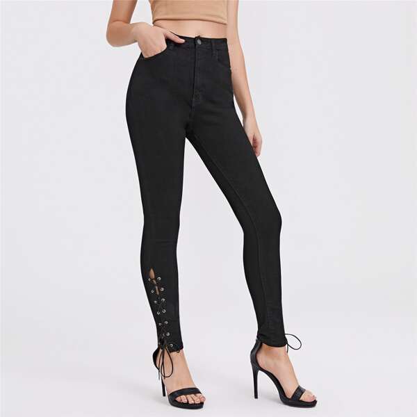 

Solid Lace Up Skinny Jeans, Black