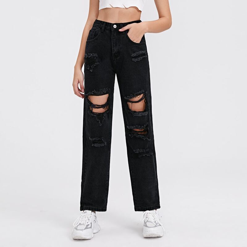 

Solid Ripped Straight Leg Jeans, Black