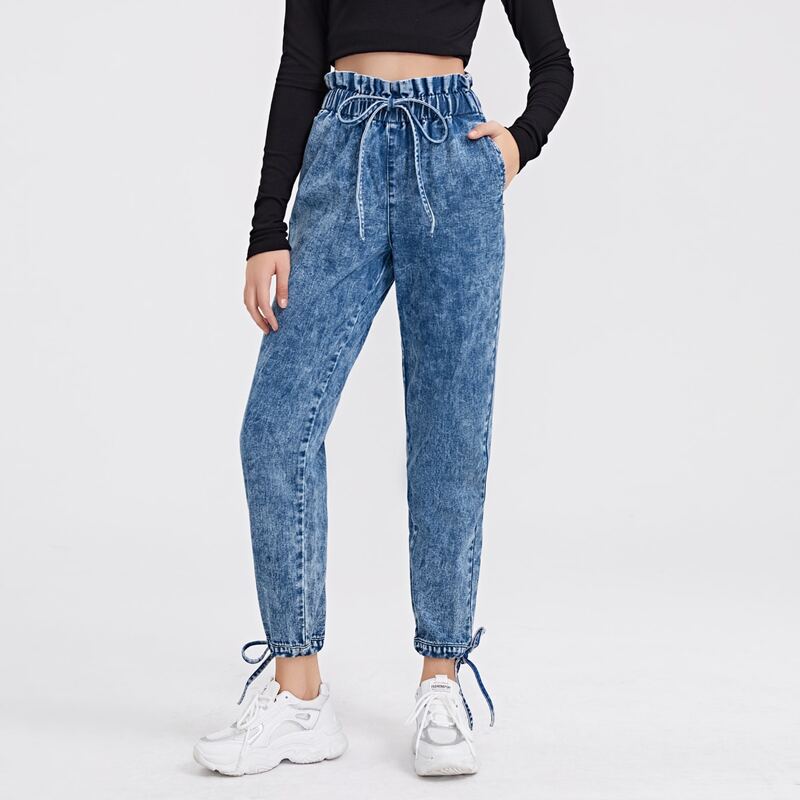 

Paperbag Waist Tie Front Jeans, Medium wash