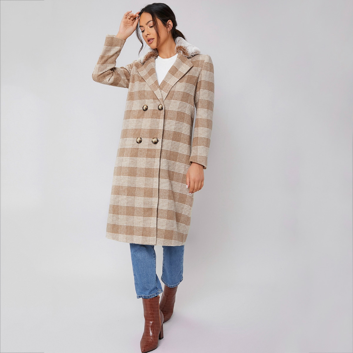 Image of Contrast Faux Fur Lapel Collar Plaid Pea Coat