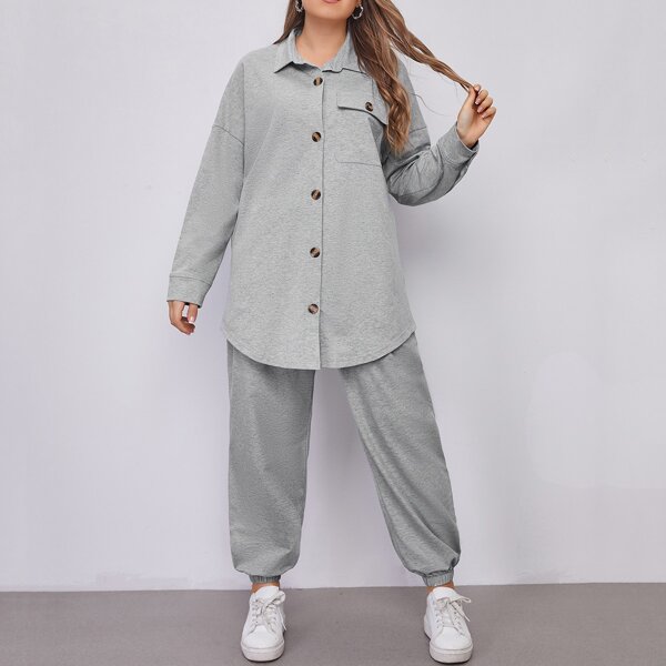 

Plus Solid Flap Pocket Button Up Top & Pants, Grey