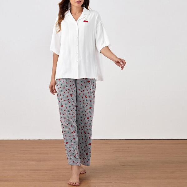 

Notch Collar Embroidery Cherry Sleep Blouse, White