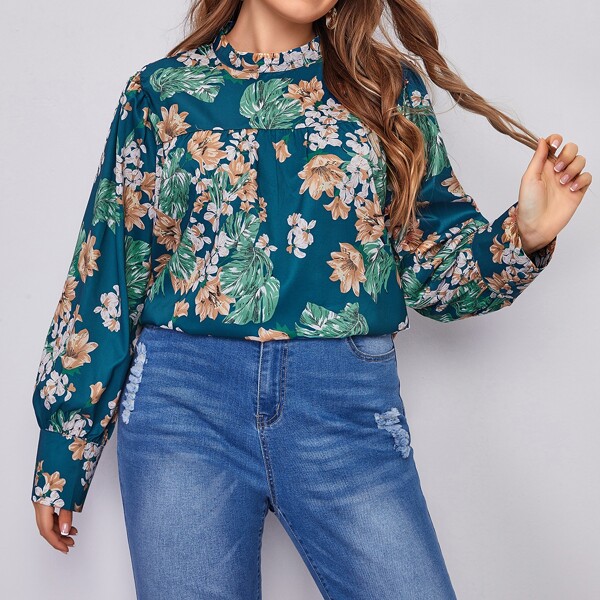 

Plus Floral And Tropical Print Stand Collar Blouse, Multicolor