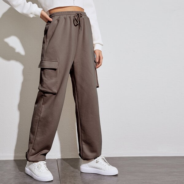 

Flap Pocket Drawstring Waist Sweatpants, Mocha brown