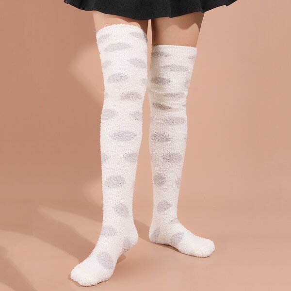 

Polka Dot Print Over The Knee Socks, Grey