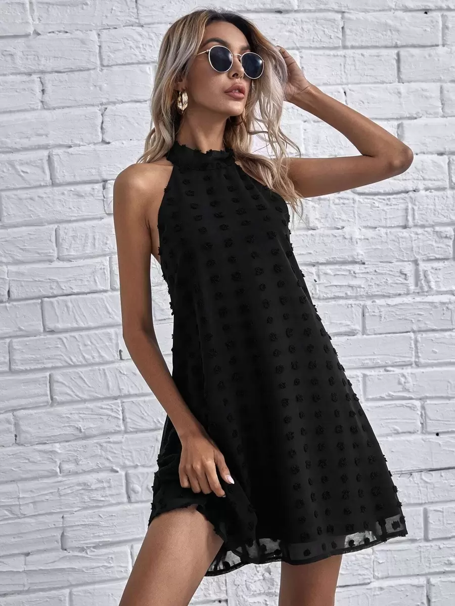 SHEIN Clasi Tie Back Swiss Dot Dress - Black - View 1
