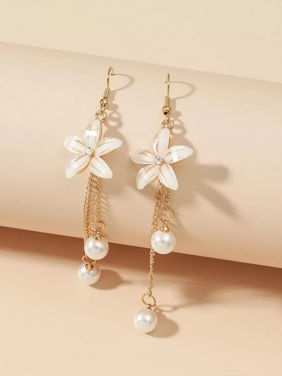 Faux Pearl Decor Flower Charm Drop Earrings Valentines - Yellow Gold - View 1