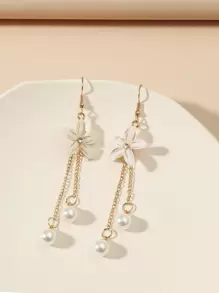 Faux Pearl Decor Flower Charm Drop Earrings Valentines - Yellow Gold - View 2
