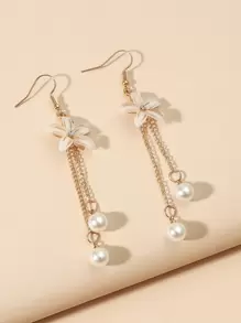 Faux Pearl Decor Flower Charm Drop Earrings Valentines - Yellow Gold - View 3