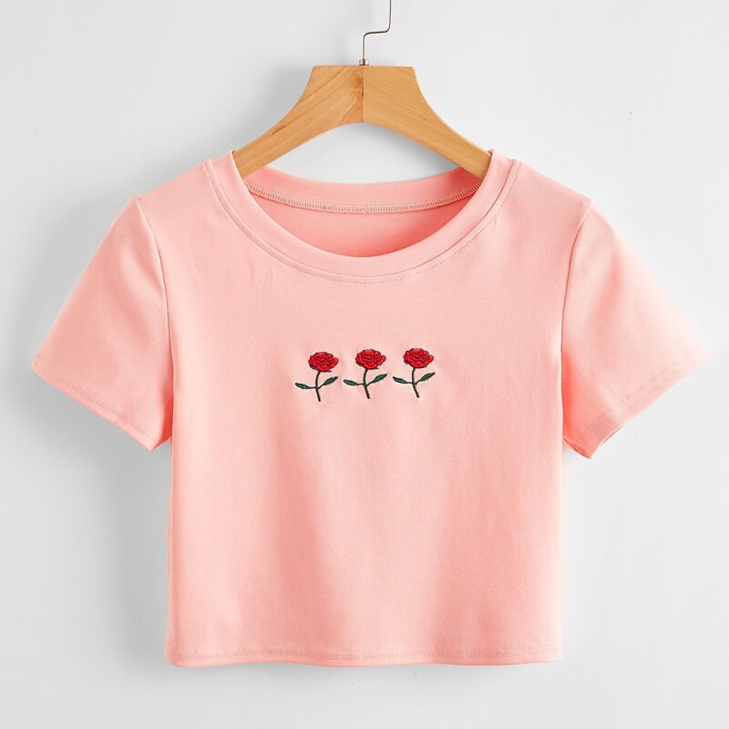 

Flower Embroidery Crop Tee, Coral pink