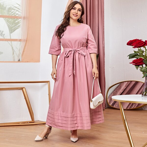 

Plus Fold Pleated Solid Belted Dress, Dusty pink