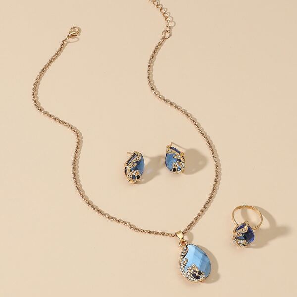 

4pcs Rhinestone Decor Water Drop Design Jewelry Set, Blue
