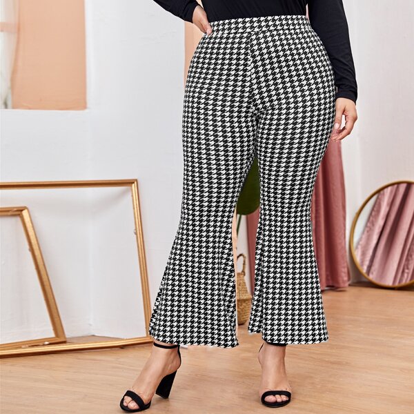 

Plus Houndstooth Flare Leg Pants, Black and white