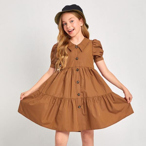 

Girls Puff Sleeve Tiered Hem Dress, Brown