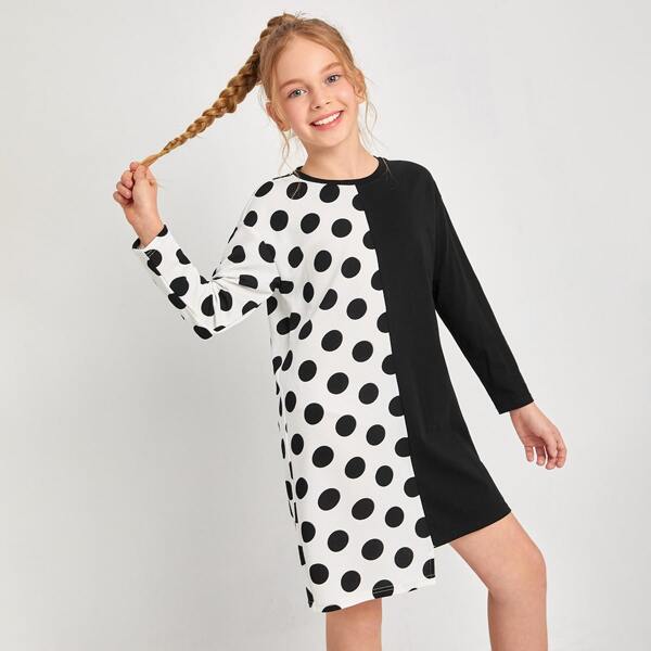 

Girls Colorblock Polka Dot Asymmetrical Hem Dress, Black and white