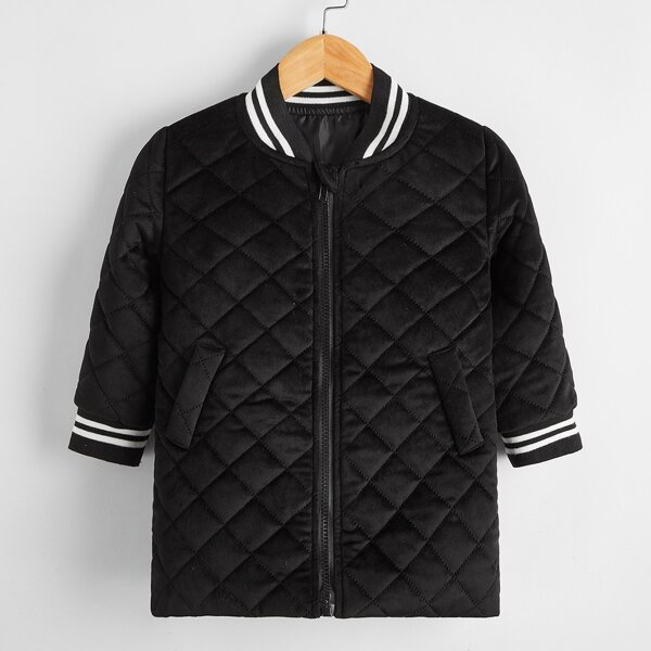 

Toddler Girls Striped Print Zip Up Baseball Collar Quilted Coat, Black