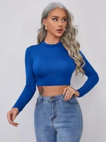 SHEIN Essnce 合身小高領短款上衣 - 寶藍色 - 查看 5