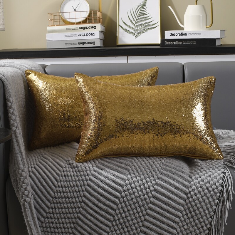 

1pc Sequin Lumbar Pillow Cover Without Filler, Gold
