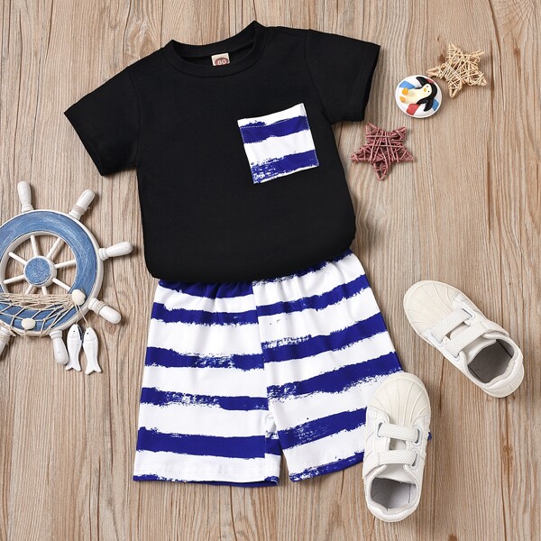 

Toddler Boys Pocket Patched Tee & Striped Shorts, Multicolor