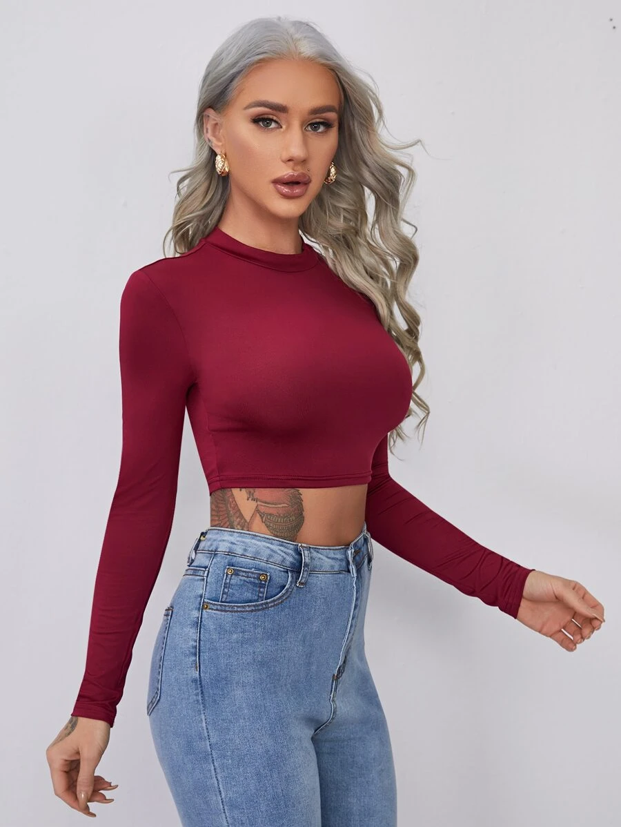SHEIN Essnce 合身小高領短款上衣 - 酒紅色 - 查看 1