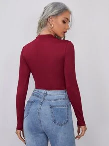 SHEIN Essnce 合身小高領短款上衣 - 酒紅色 - 查看 2