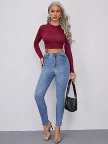 SHEIN Essnce 合身小高領短款上衣 - 酒紅色 - 查看 3