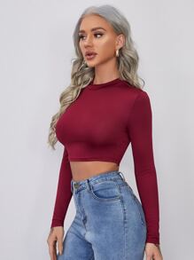 SHEIN Essnce 合身小高領短款上衣 - 酒紅色 - 查看 4