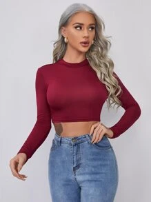 SHEIN Essnce 合身小高領短款上衣 - 酒紅色 - 查看 5